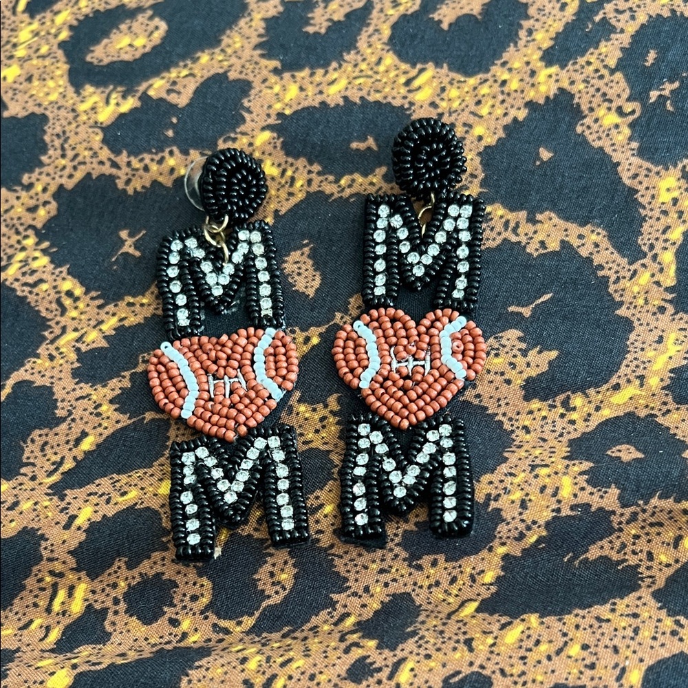 Beaded MOM Heart Earrings with Baseball Detail